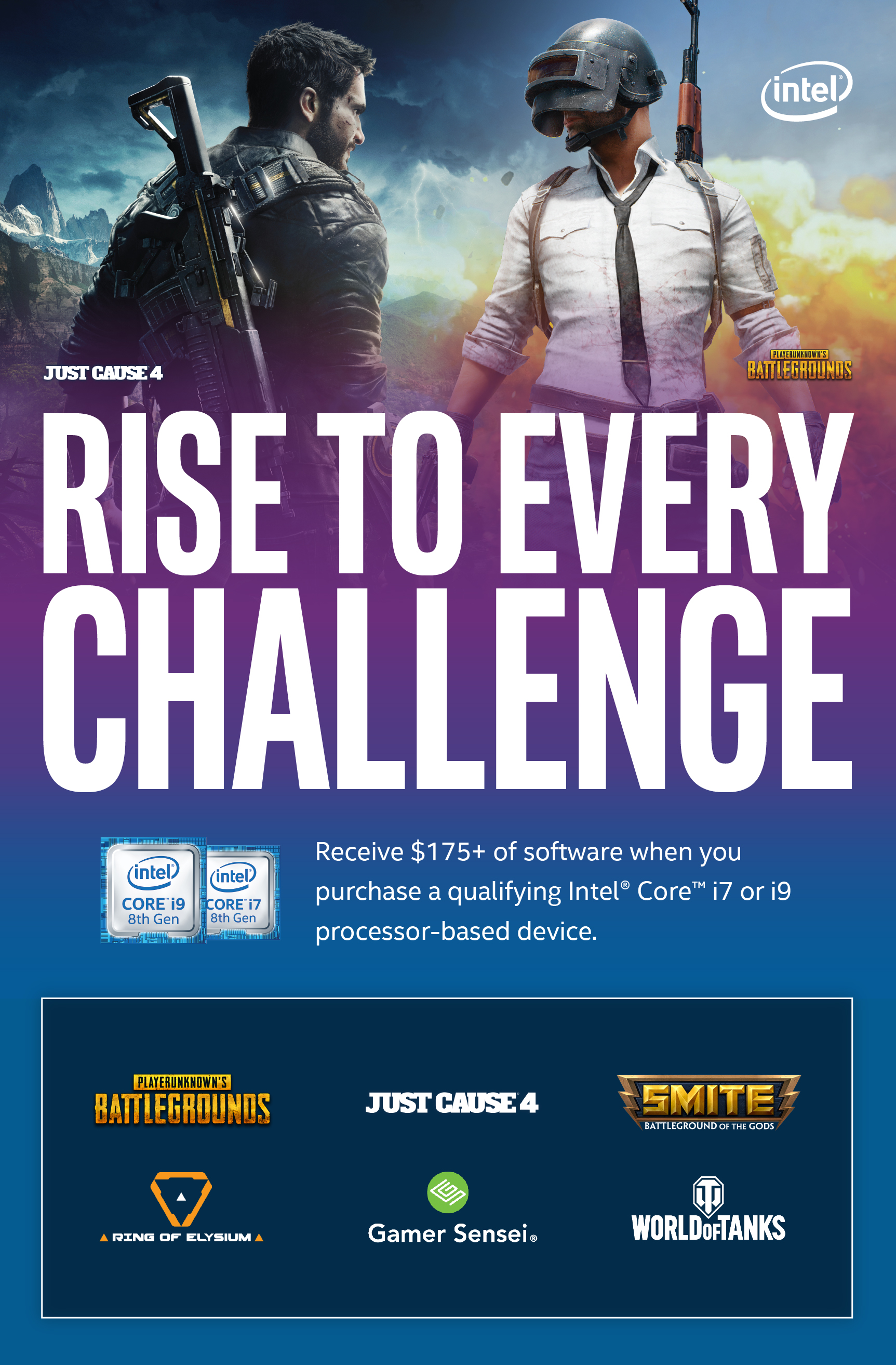 Osta kampanjaan kuuluva pelitietokone Intel-prosessorilla ja saat Gaming-pakkauksen, jossa mukana Just Cause 4 ja Playerunknown’s Battlegrounds Osta kampanjaan kuuluva pelitietokone Intel-prosessorilla ja saat Gaming-pakkauksen, jossa mukana Just Cause 4 ja Playerunknown’s Battlegrounds